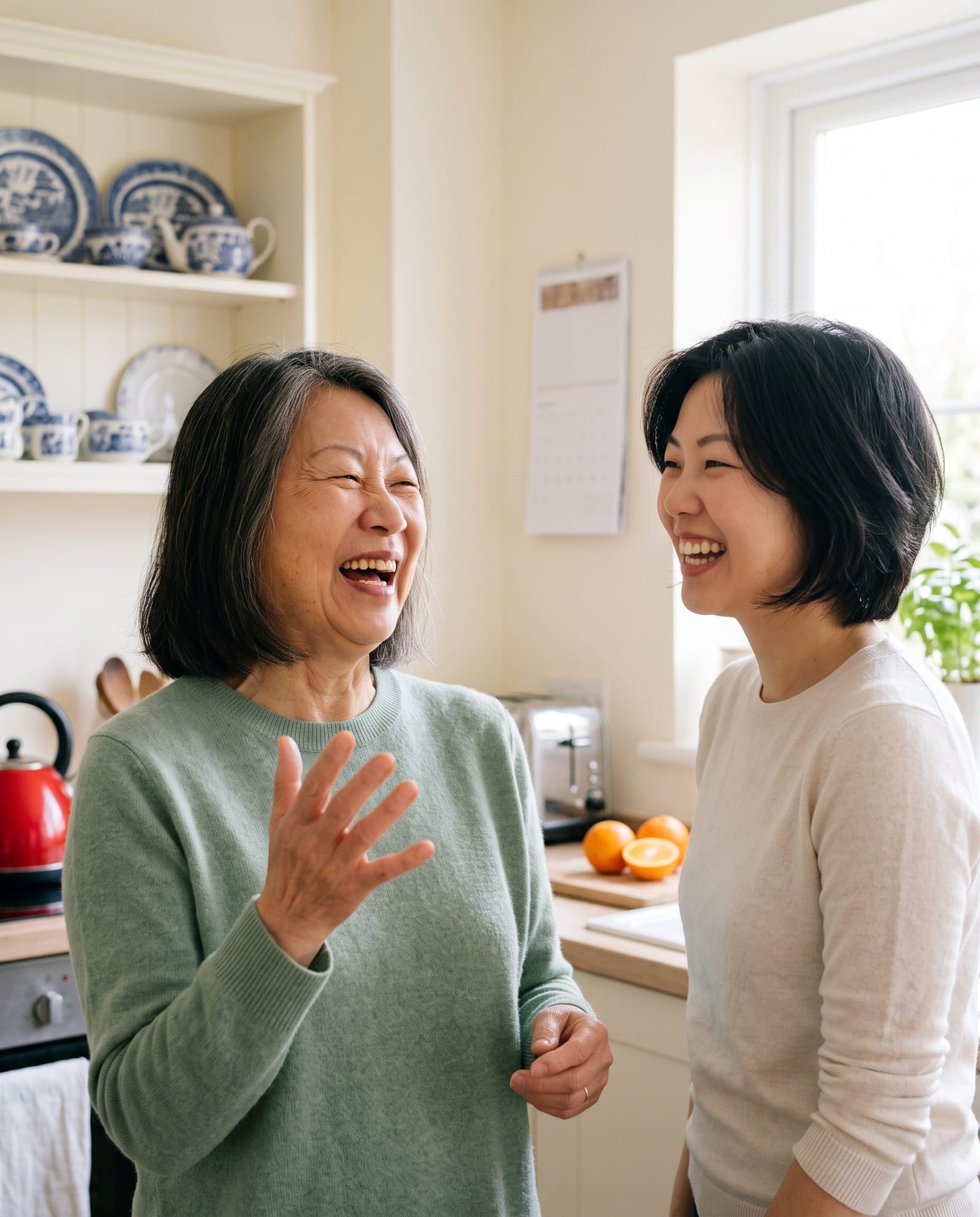 A mother telling a story with her hands raised while her grown daughter laughs.