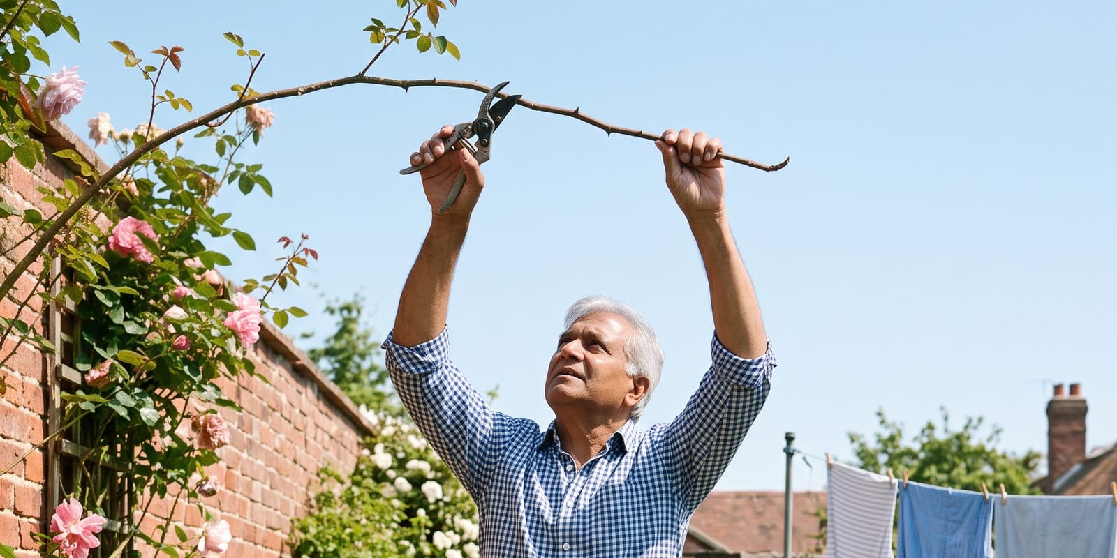 A man pruning a climbing rose in his garden, arms raised.