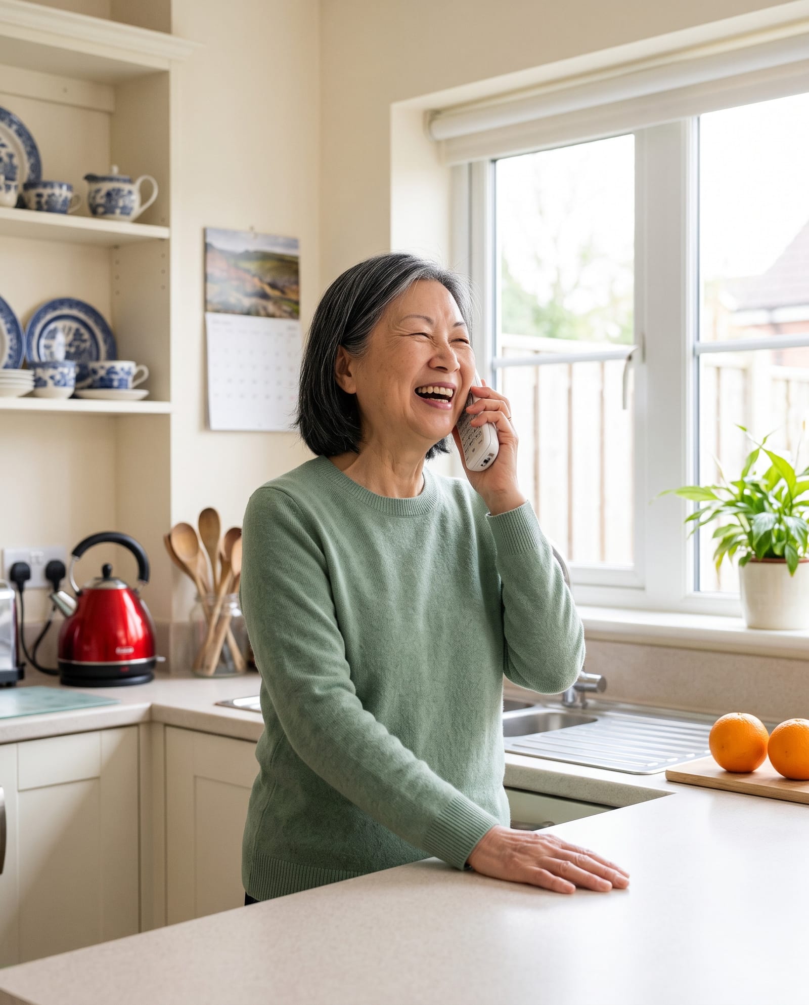 A woman laughing on the telephone in her kitchen.