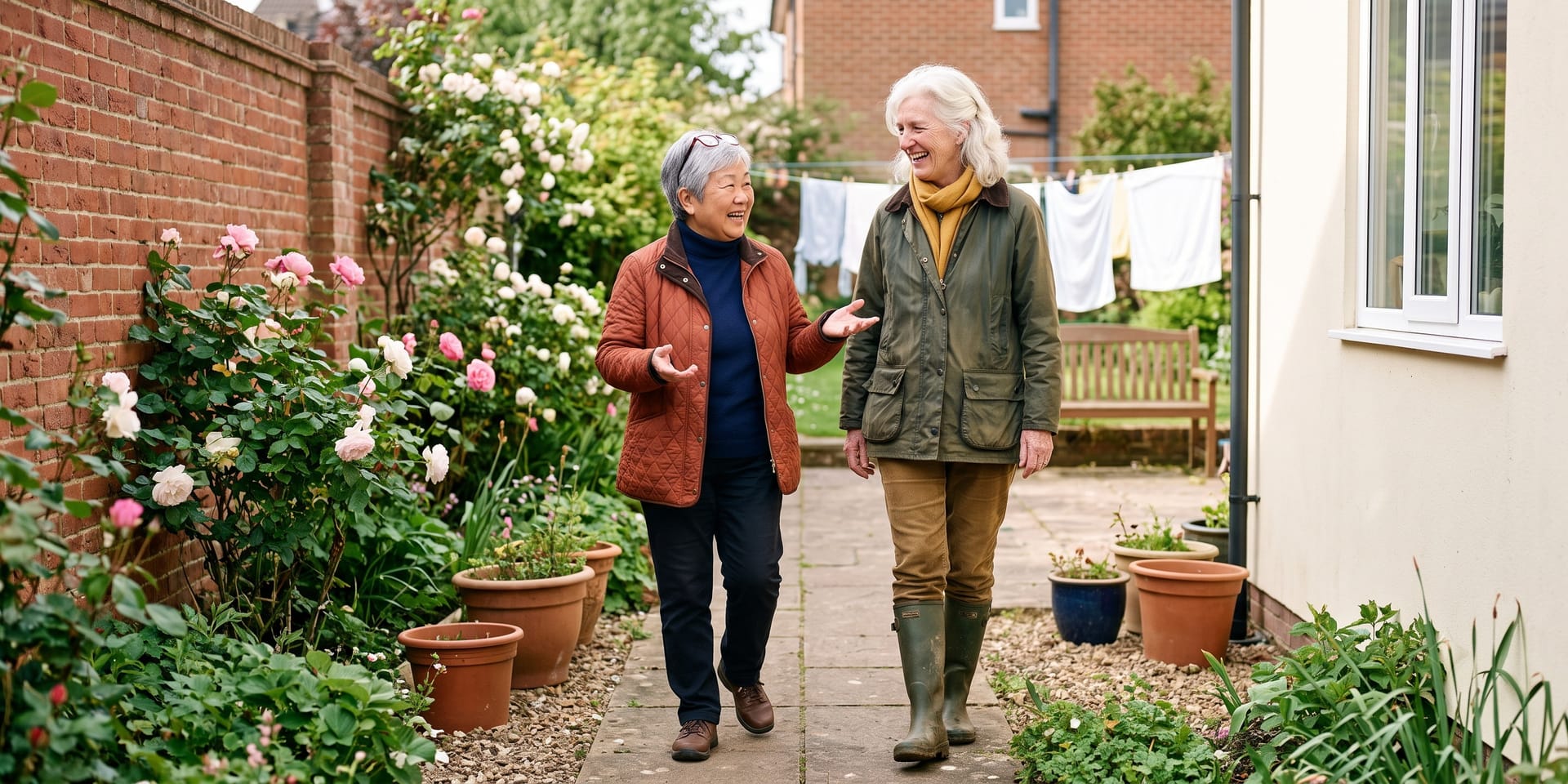 Two friends walking a garden path between the roses.