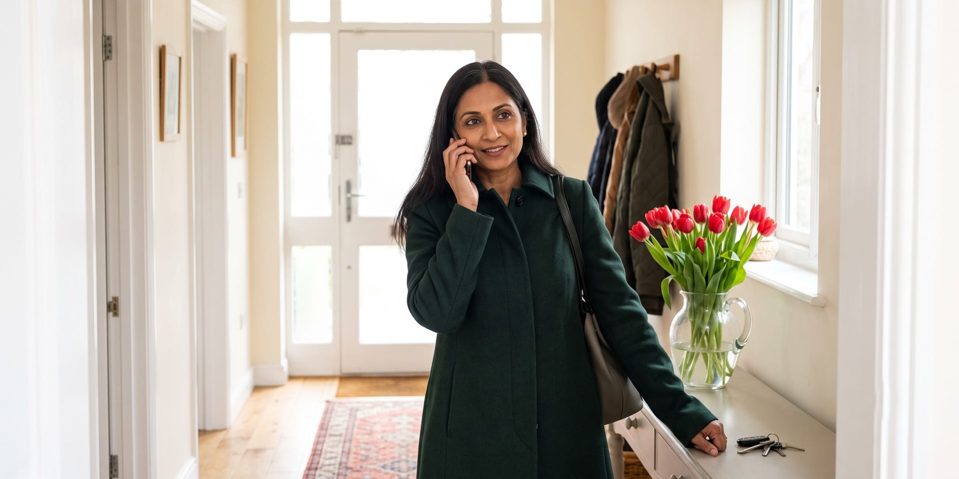 A woman on the telephone in a bright hallway, tulips on the sill.
